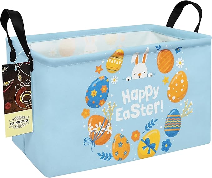 HUNRUNG Rectangle Storage Basket Cute Canvas Organizer Bin for Pet/Children Toys, Books, Clothes Perfect for Rooms/Playroom(Rabbit Easter Egg)