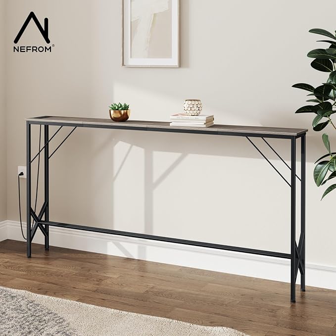 63'' Console Table, Skinny Entryway Table with Fast-Charging Station, Narrow Long Sofa Table, Behind Slim Couch Table for Entrance, Hallway, Living Room Decor ST-GY160-1