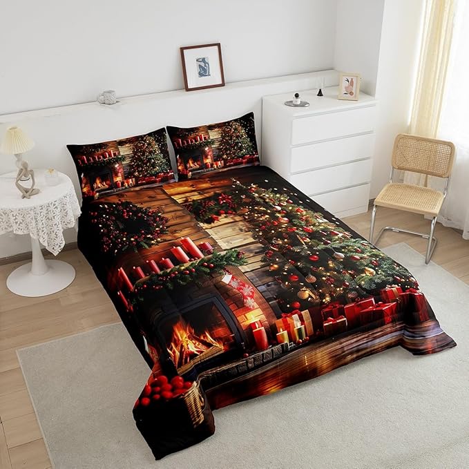 Merry Christmas Comforter Set - Twin Size, 3D Christmas Fireplace & Tree Bedding Set for Kids' Rooms, Xmas Theme Quilt Set (2Pcs), Retro Wooden Stripes Duvet Insert, 1 Pillowcase