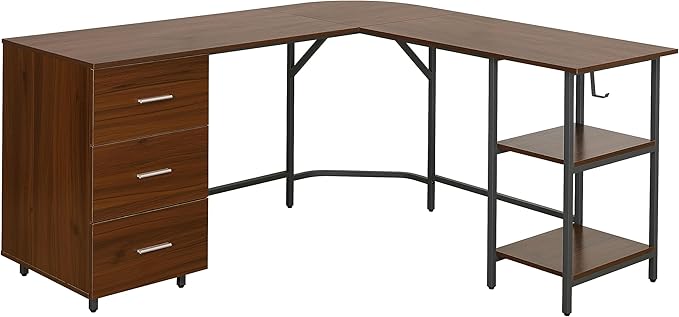 Techni Mobili L Shaped Desk - Two-Toned Computer Desk with Drawers & Storage Shelves - Simple Modern Furniture & Home Office Space Corner Table for Work & Writing