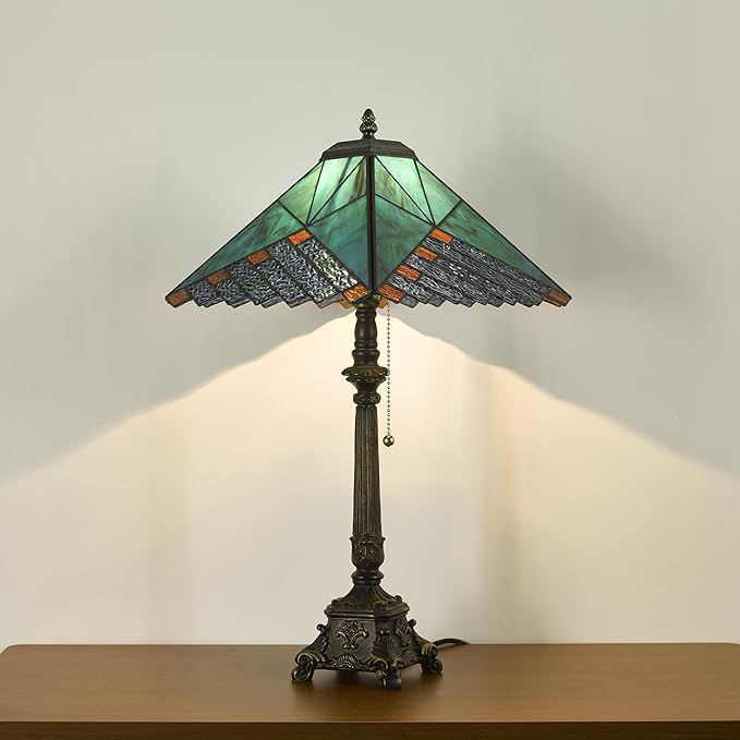 Tiffany Table Lamps Deep Blue Stained Glass Rhombus Checkered Style Mission