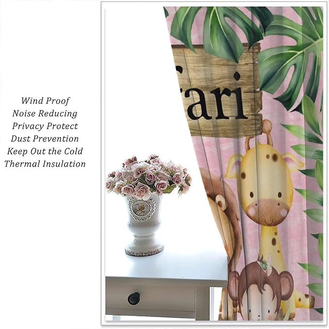 Kids Safari Animals Curtains, Cartoon Wildlife Tropical Leaf Pink Blackout Window Treatments, Rod Pocket Thermal Insulated Drapes 2 Panel Sets for Bedroom Nursery Classroom, 84" W X 84" L