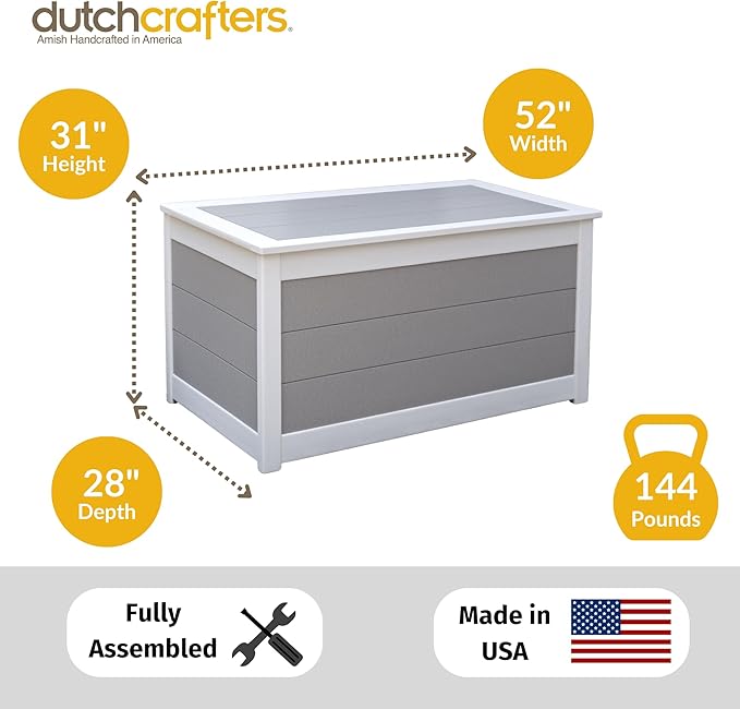 DutchCrafters Poly Waterproof Outdoor Deck Box 200-Gallon Large Deck Box Weatherproof Storage for Pool Decor, Porch Packages, Pool Towel Holder, Holds Up To 10 Cushions - Amish Made in USA (White)