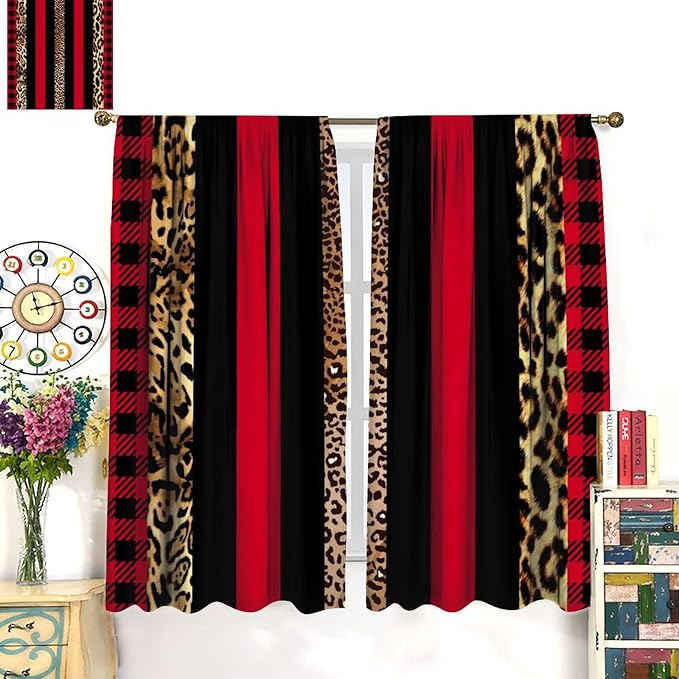 Leopard Skin Blackout Window Curtains, Brown Cheetah Red Black Plaid Stripe Print Window Drapes for Kids Boy Girls Bedroom Living Room 84" W X 84" L
