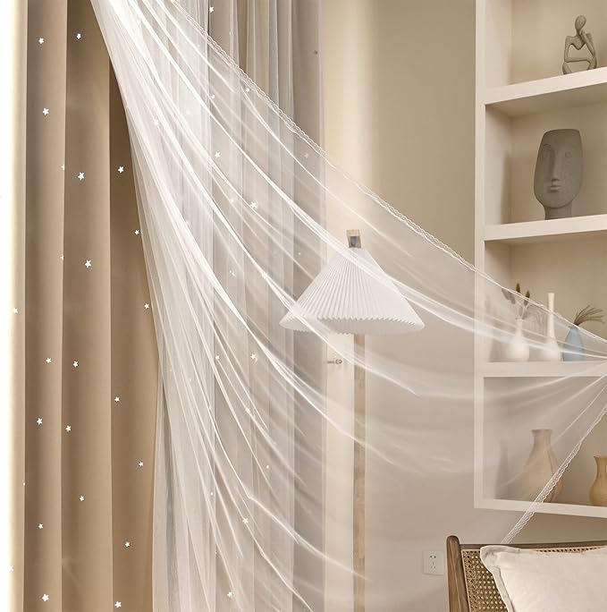 Kinryb Kids Blackout Curtains for Bedroom/Living Room/Classroom, Sheer Overlay 2 Panel Set, Double Layer Curtains with Star Cutout for Kids Room(Each Piece W 70 x L 72 Inches 2 Pcs Beige)