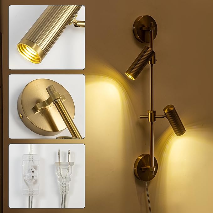 Gold Plug in Wall Sconces, 3 Lights Wall Mount Lamp