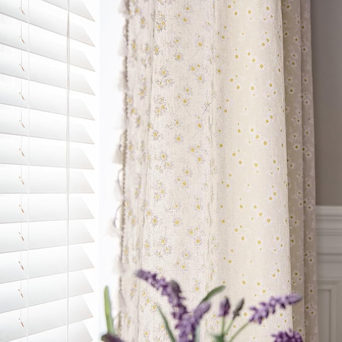 ENJOYBRIDAL Floral Curtains 63 Inch Length 2 Panels Short Drapes Tassel Rod Pocket Semi-Sheer Boho Daisy Bedroom Living Room Farmhouse Rustic Bohemian Window Curtain Panels