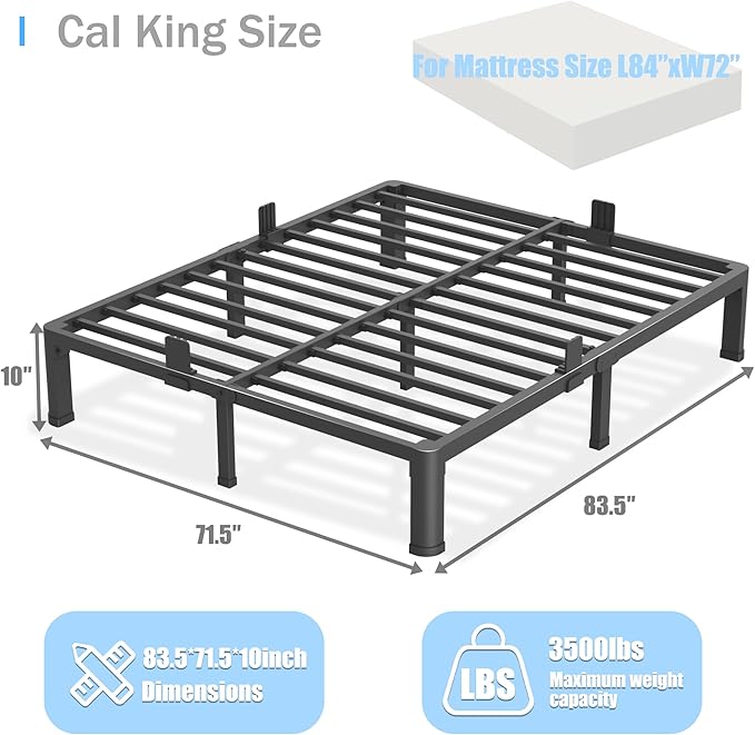 10 inch California King Bed Frame with Round Corner Legs Mattress Slide Stopper,Low Profile Heavy Duty Metal Platform,Steel Slat Support,No Box Spring Needed,Easy Assembly,Noise Free