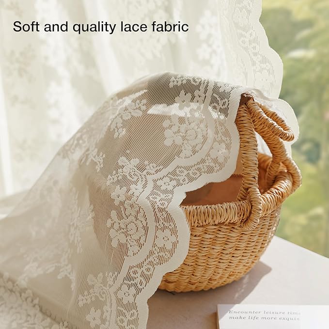 Anmao Vintage Lace Kitchen Curtains 18 Inches Long 2 Panels, Romantic Semi Sheer Floral Over Sink Lacy Cafe Curtain, Elegant Window Short Small Drapes, 55W x 18L, Ivory