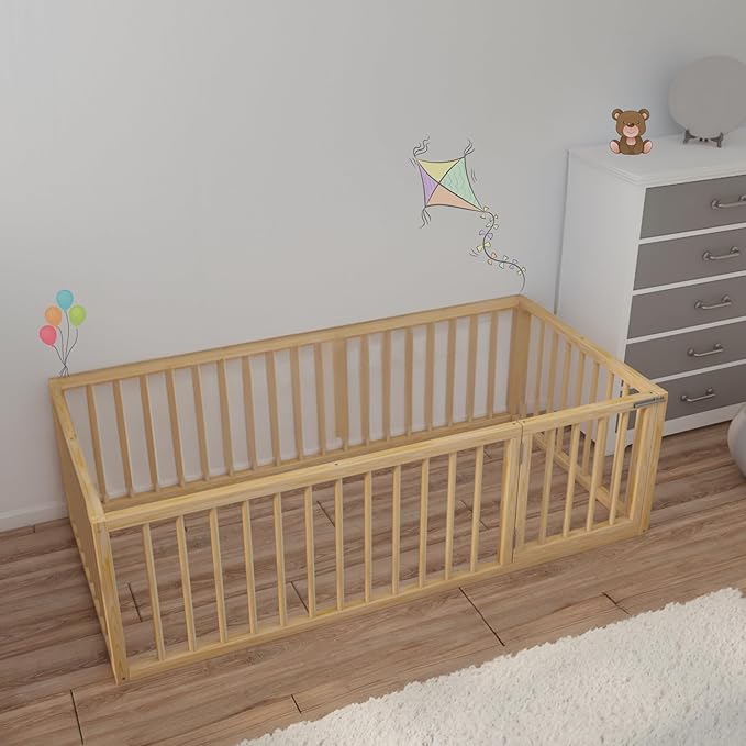 Montessori Floor Bed with Door On The Right Side for Toddler | Pine Wood Natural Solid Frame Beds | Sturdy Modern Design Floor Bed Frame for Boy and Girls (King, Height: 19 Inches)