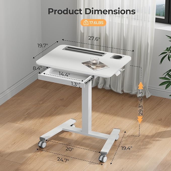 Mobile Standing Desk with Drawer, 28" Rolling Desk with Cup Holder and Hooks, Portable Laptop Cart on Wheels, Height Adjustable Workstation with Storage for Home Office, White