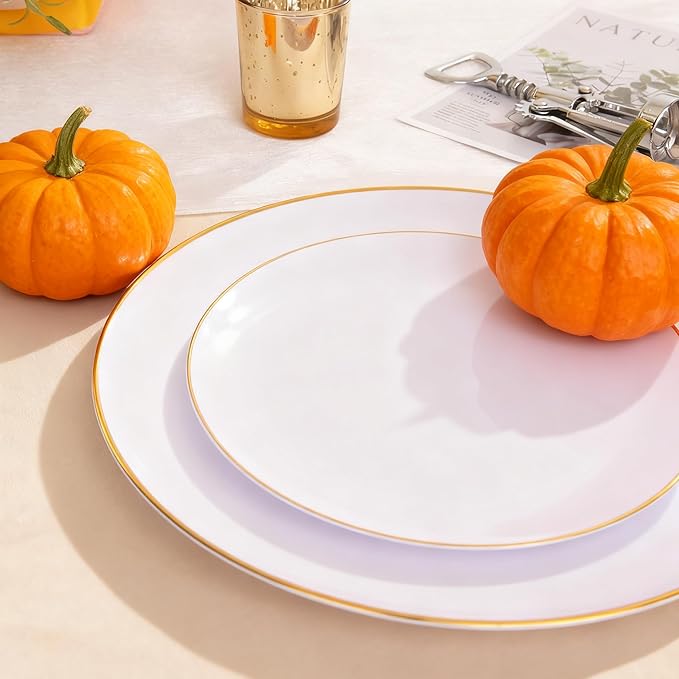 KIRE 60PCS Gold Plastic Plates - Thanksgiving Heavy Duty White Disposable Plates with Gold Rim for Party/Wedding- Include 30Pieces 10.25inch Dinner Plate and 30Pcs 7.5inch Dessert Plate
