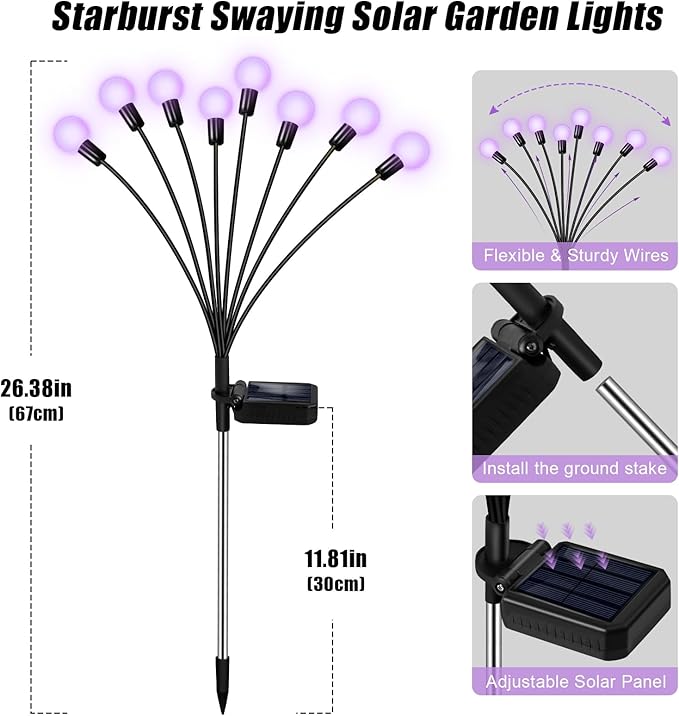 Solar Garden Lights 16 LEDs, 2 Pack 8 Heads, Outdoor Waterproof, Swaying