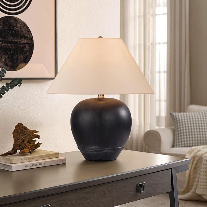 Pia Ricco 21'' Medium Size Black Glossy Ceramic Base Ceramic Basin Table Lamp