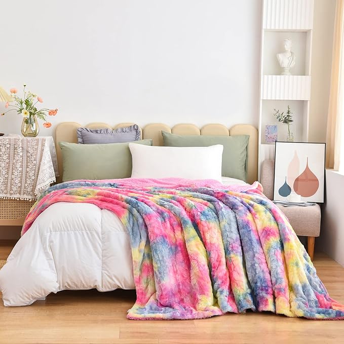 NEWCOSPLAY Super Soft Faux Fur Blanket Queen Size Dark Rainbow Sherpa Fuzzy Plush Warm Blanket for Sofa Bed (Dark Rainbow, Queen(90"x90"))