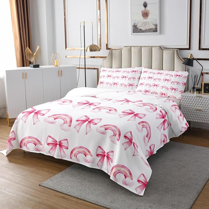 Manfei Pink Bowknot Princess Bedspread Queen Size,Rainbow Cloud Bow Tie Toddler Coverlet Set,Girls Women Room Decor,Bow Princess Tale Style Quilted Coverlet,Cartoon Dreamy Bedding Quilt,2 Pillowcases