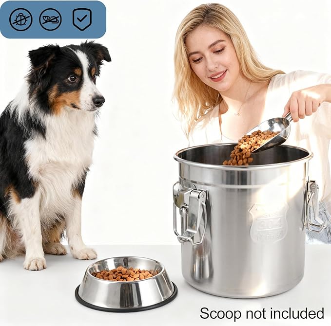 Stainless Steel Dog Food Storage Containers with Airtight Lid and Locking Clamp, Fits up to 12Lbs, Large Pet Food Storage Container Metal Pet Food Bin for Dogs, Cats & Birds Seed, Keep Fresh
