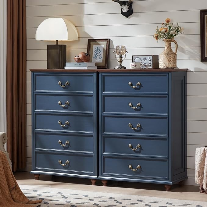 Farmhouse 5 Drawer Dresser for Bedroom, 45" Tall Rustic Chests of Drawers w/ 4 Solid Wood Feet, Mid Century Modern Wooden Closet Storage Dressers Organizer for Living Room, Hallway, Navy Blue