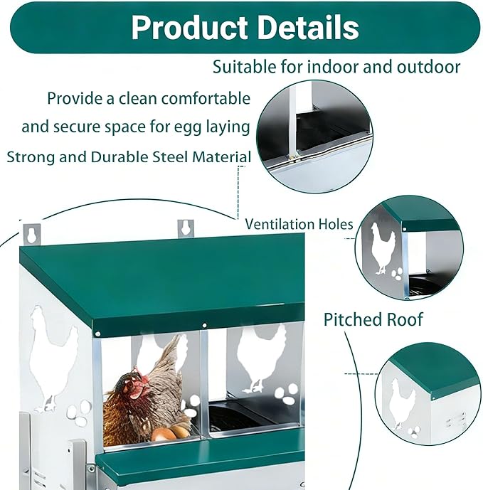 Chicken Nesting Box 8 Compartment with 10 Pet Moisture Pads and 4 Fake Eggs Roll Away Egg Collection, Perch, Lid Cover for Egg Protection - Wall Mount Nest Box for Chickens, Hens, Ducks