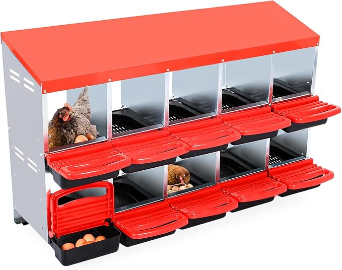 GarveeHome 2-Tier Chicken Nesting Box, 10 Compartment Metal Chicken Laying Boxes with Waterproof Roof ＆ Removable Trays for Hens, Poultry，Easy Egg Collection