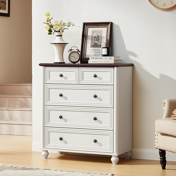 Farmhouse 5 Drawer Dresser for Bedroom, 35.5" Tall Small Dressers & Chest of Drawers, Rustic Wood Dresser with Roman Column, Storage Organizer for Living Room, Hallway, Closet (White)