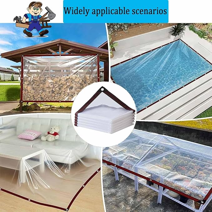 3x9 FT Clear Tarp - Heavy Duty Waterproof Plastic Tarps with Grommets, Outdoor Garden Rainproof Covering, Transparent Tarpaulin for Patio Enclosure Roofs Greenhouse Plant Chicken Coop Cover