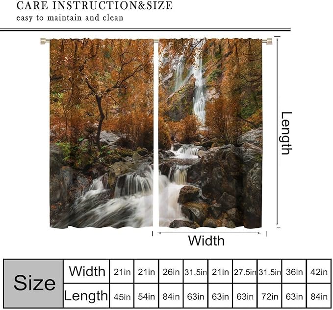 Forest Waterfall Blackout Curtains, Autumn Jungle Mountains Fall Nature Landscape Window Drapes, for Bedroom Living Room 42" W X 63" L