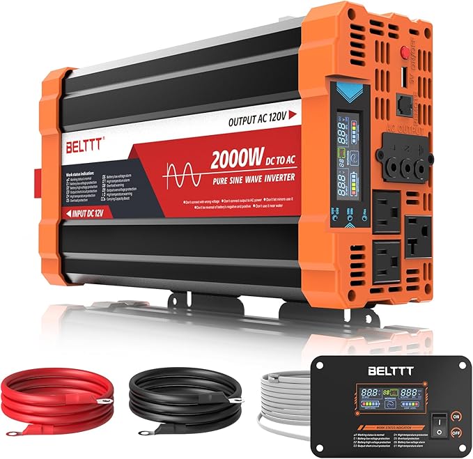 BELTTT 2000W Pure Sine Wave Inverter, Car Power Inverter 12V to 120V AC Converter for RV, Truck, Solar, Outdoor with Dual AC and 20A Socket, 5V 2.1A USB, Surge 4000W, Hardwire Port, Remote Controller