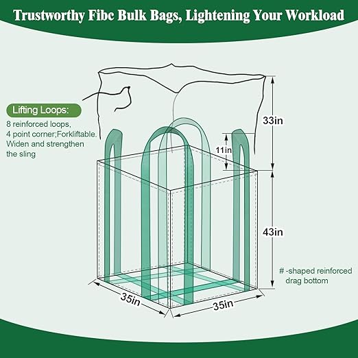 10 Pack 2 Ton FIBC Bulk Bag,35"L x 35"W x 43"H,4400lbs SWL,Woven Polypropylene Heavy Duty Bulk Bags,Duffle Top Flat Bottom for Industrial Agriculture Large-scale Storage Construction Debris