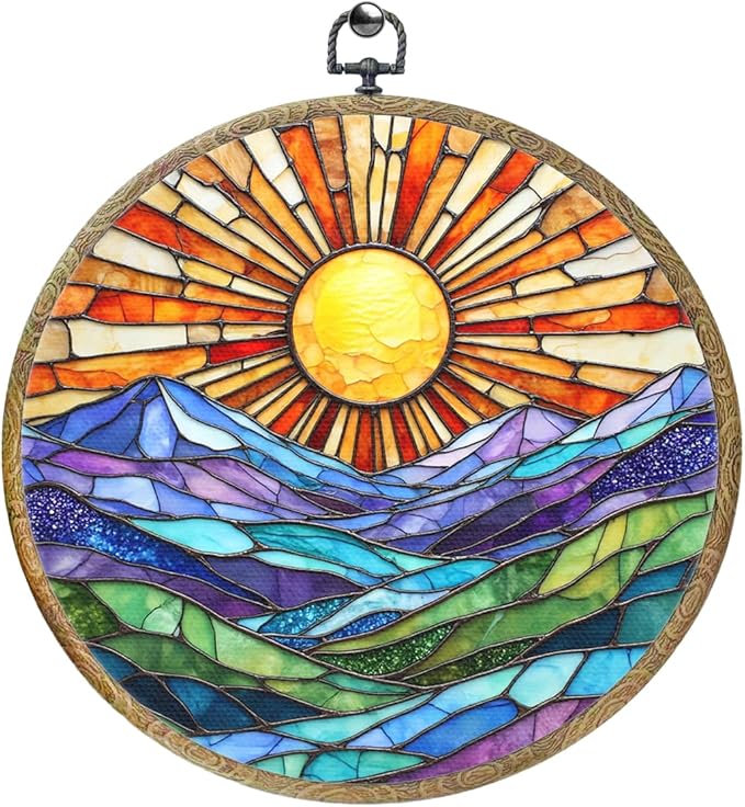 Colorful Mountain Sunset Bohemian Style Rainbow Sunrise Art Gift Framed Round Wall Decor Canvas Wall Art Hanging Prints Artwork for Home Nursery Bedroom Door Office Porch Decorations 10.2X10.2 Inch