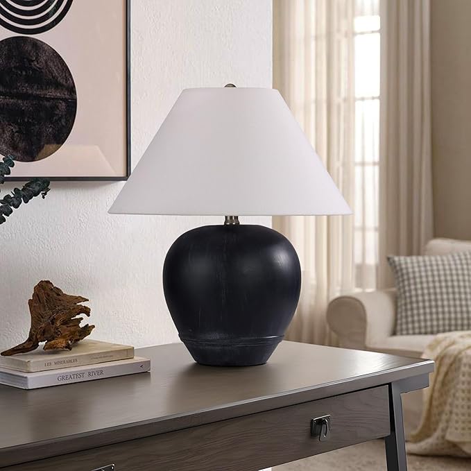 Pia Ricco 21'' Medium Size Black Glossy Ceramic Base Ceramic Basin Table Lamp