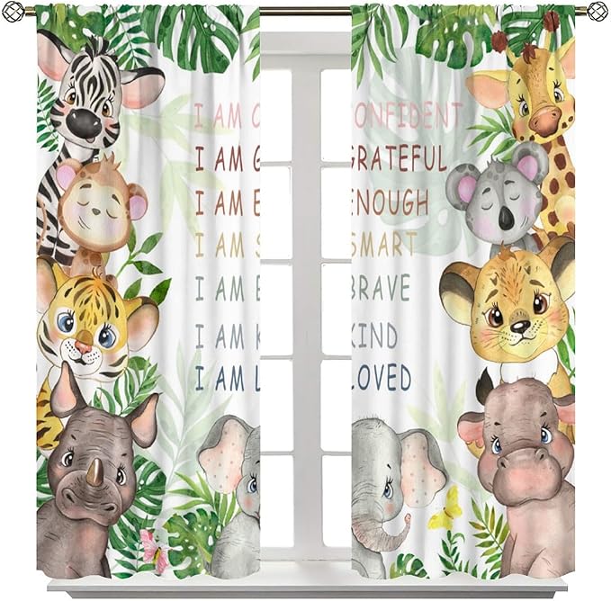Cartoon Safari Animal Curtains Cute Watercolor Wildlife Jungle Window Treatments for Kids Boys Girls Bedroom Living Room Inspirational Motivational Quotes Nursery Children Drapes W84xL84