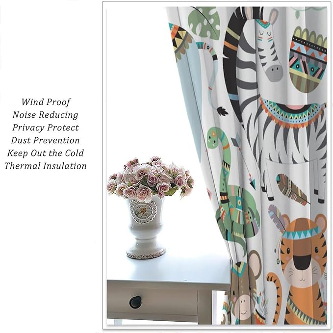 Jungle Tribal Animals Curtains, Southwest Aztec Cartoon Funny Zoo Animals Giraffe Lion Elephant Zebra Tiger Print Thermal Insulation Window Drapes for Kids Boys Girls Bedroom Living Room 42x54 Inch