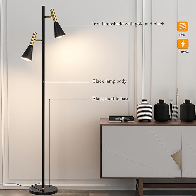 Modern Floor Lamp with 2 Adjustable Head Tall Pole Uplight