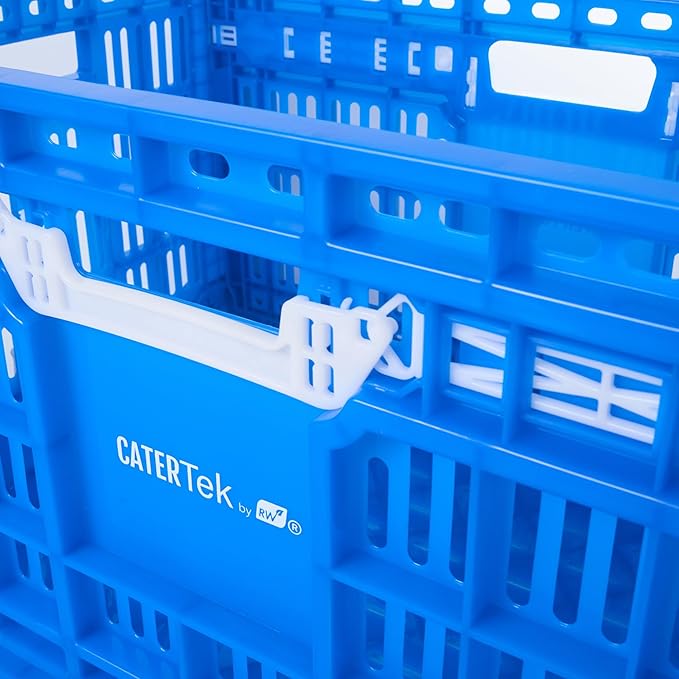Restaurantware Plastic Milk Crates for Storage - Cater Tek Stackable Storage Buns for Organizing - Collapsible Storage Basket for Groceries, Home Supplies, Blue