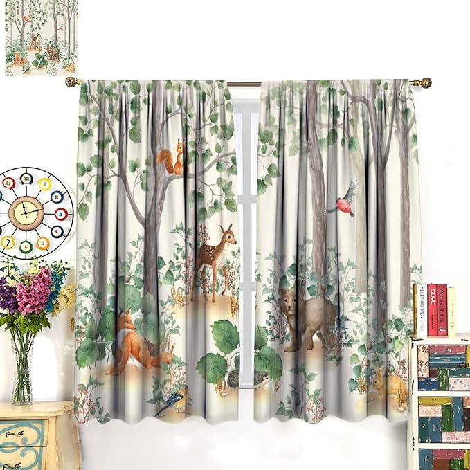 Forest Animal Curtains,Fox Elk Bird Animal Watercolor Woodland Print Curtains Kids Nursery Bedroom Living Room Home Decoration 84x84in