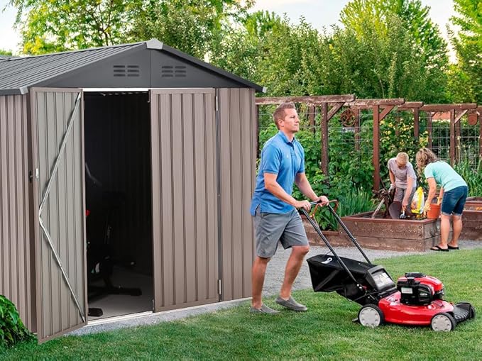 U-MAX 7' x 7' Shed Outdoor Storage Shed Clearance, Extra Large Yard Steel Shed with Design of Lockable Doors, Tool and Utility Storage for Backyard, Garden, Patio, Outside use Taupe
