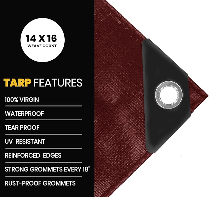 PROTARP Extra Heavy Duty 16 Mil Tarp Cover, Waterproof, UV Resistant, Rip and Tear Proof, Poly Tarpaulin with Reinforced Edges for Roof, Camping, Patio, Pool, Boat. (Maroon/Black 30′ X 70′)
