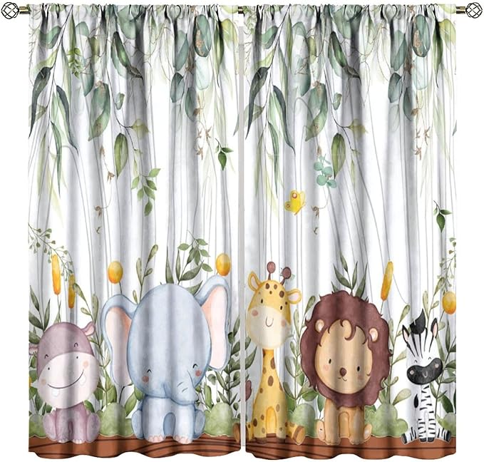 YCness Forest Animal Curtains, Watercolor Wild Animal Bear Fox Deer Kids Window Treatments for Living Room Bedroom, Green Woodland Tree Kids Drapes 2 Panel Sets,72x63 Inch