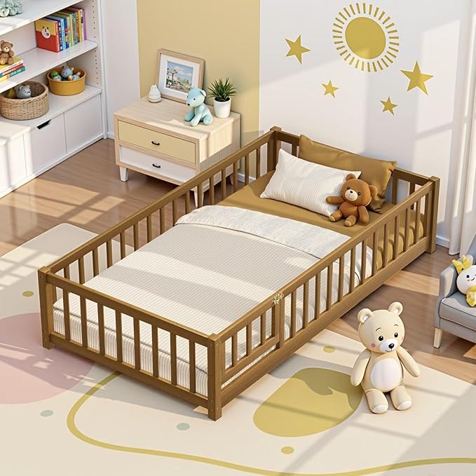 i-POOK Twin Floor Bed Frame with Wood Slats, High Fence & Small Door, Pinewood Montessori Floor Bed for Girls and Boys,Light Espresso