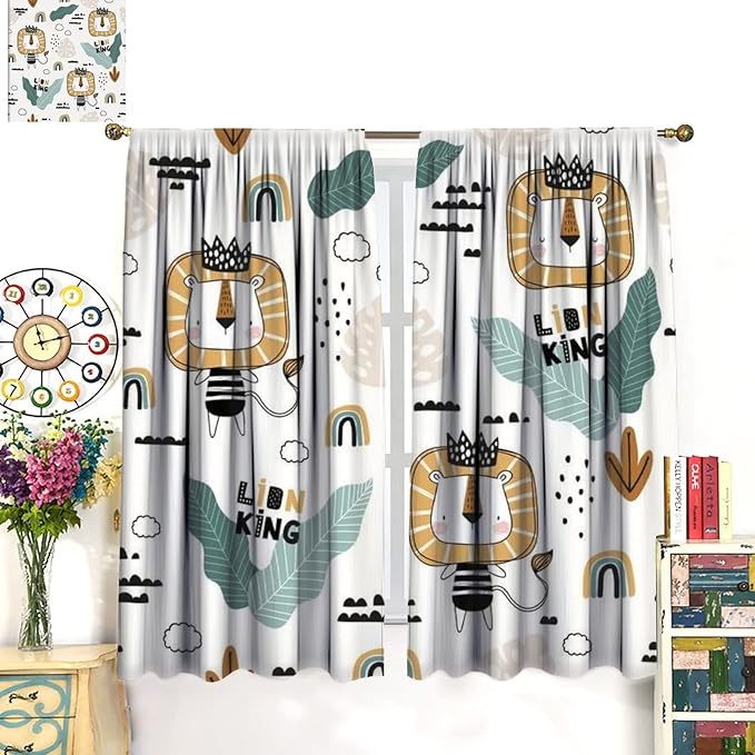 Cartoon Little Lion King Window Curtains for Baby Child,Cute Funny Forest Animals,Tropical Jungle Leaves Wildlife Boho Rainbow Print Blackout Drapes for Nursery Boys Girls Kids Bedroom 42x63in