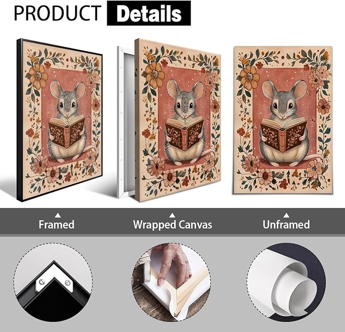 Nursery Animal Canvas Wall Art, Mouse Reading A Book Poster, Cozy Folk Art Prints, Kids Room Farmhouse Botanical Floral Painting, Library Reading Corner Wall Decor 8x12in Wrapped Canvas