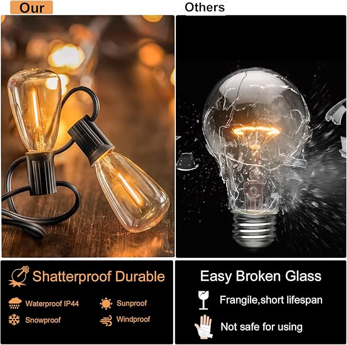 DAMAING Outdoor String Lights 50 FT Waterproof Patio Light String Lights
