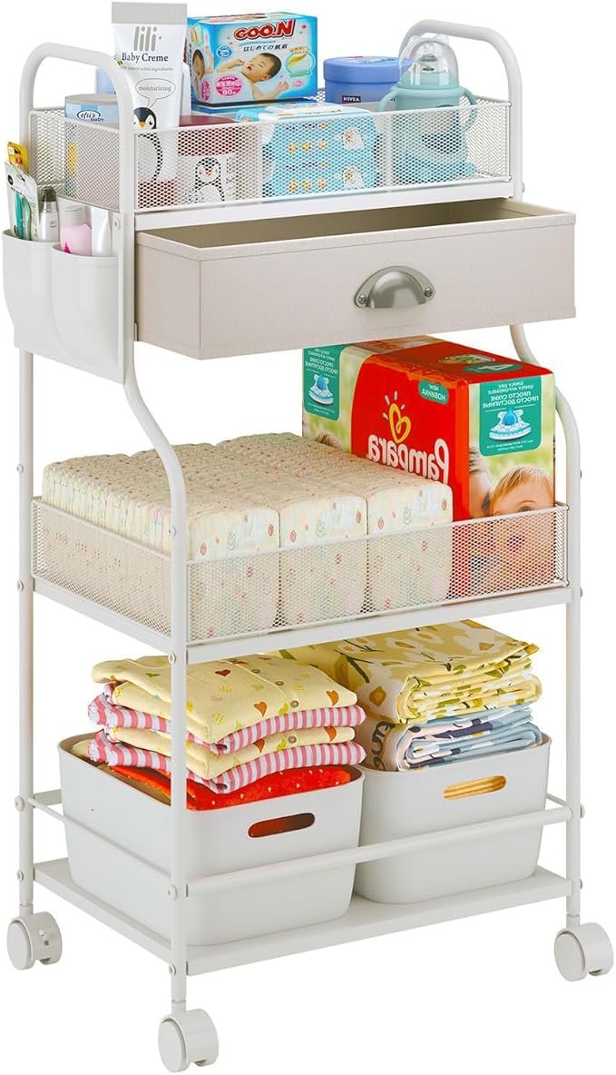 Baby Diaper Caddy Cart Organizer -3 Tier, Bedside Nursery Essentials Cart & Storage Holder for Newborn Baby Stuff, 2+1 Dividers, 1 Drawer,Rolling Utility Cart for Bedroom,Changing Table, Crib.