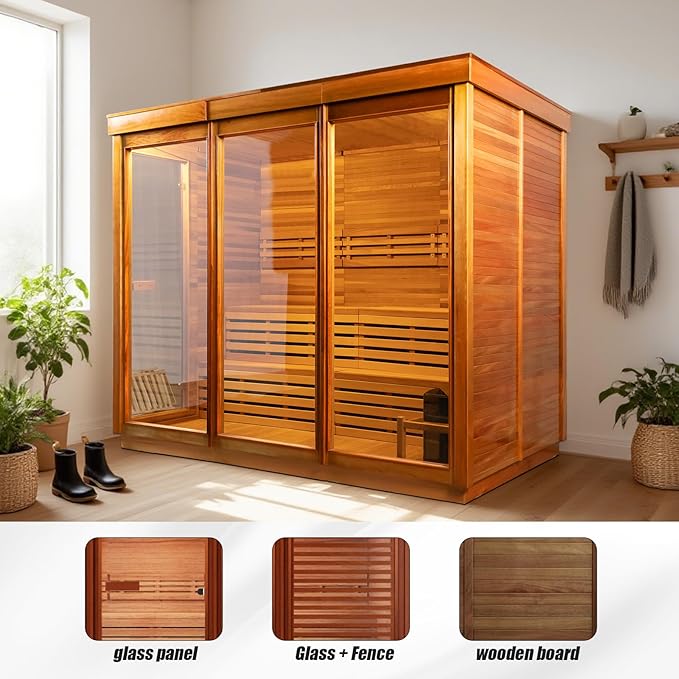 Customize 4-8 Person Outdoor Sauna,DIY Canadian Cedar Traditional Steam Cube Sauna Kit with 220V HARVIA Stove or Wood-Burning Stove