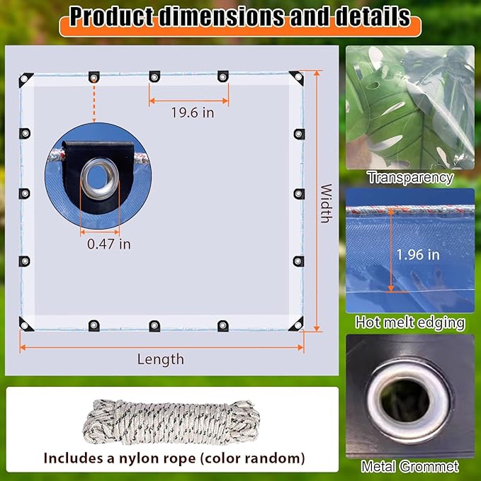 Clear Tarp 8.8x14.8 ft, 8 Mil Clear Vinyl PVC Tarp Waterproof Tarpaulin 90% Transparent PVC Tarps Small Cover Plastic Sheeting Window Sheets Drop Cloth for Garden Patio Curtains