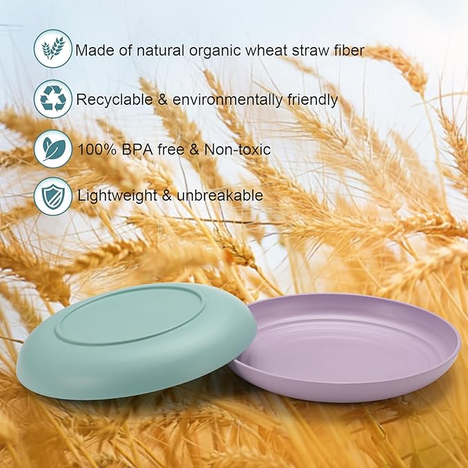 12 Pcs Unbreakable Deep Dessert Plates Set, 8 inch Reusable Plastic Wheat Straw Plates, Microwave and Dishwasher Safe Plate for Kitchen, Lightweight Plate for Dessert, BPA Free, 6 Colors