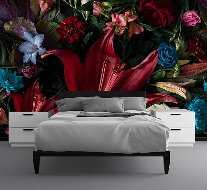 Large Dark Floral Wallpaper Colorful Spring Flowers Background Wall Mural (Not Peel and Stick)