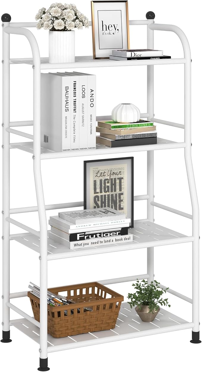 4 Tier Metal Shelf Storage Shelves Living Room Bookshelf Bathroom Corner Storage Rack for Kitchen,Indoor Plant Stand (Matte White, 4 Tier)