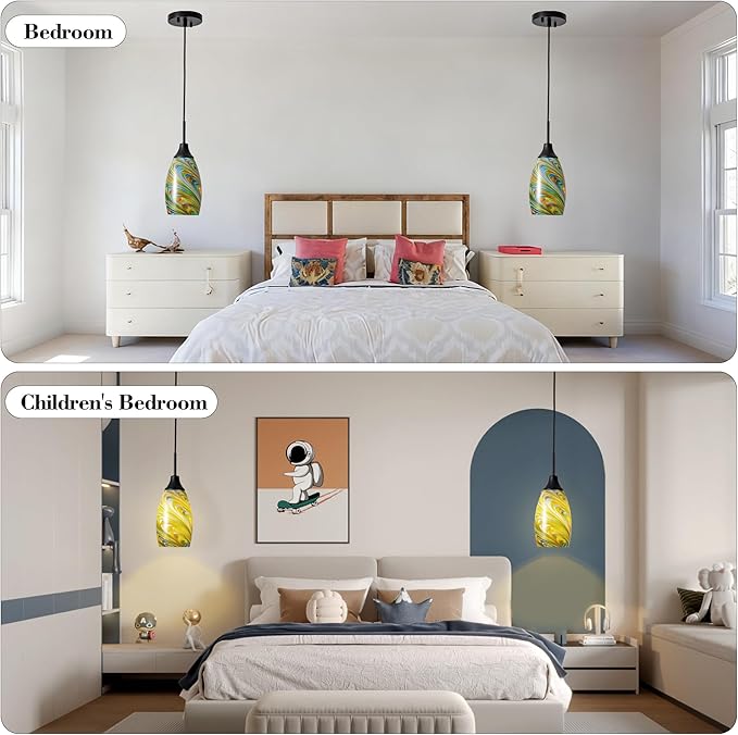 Mini Glass Pendant Light 4.72" Colorful Pattern Oval Pendant Lights 1-Pack